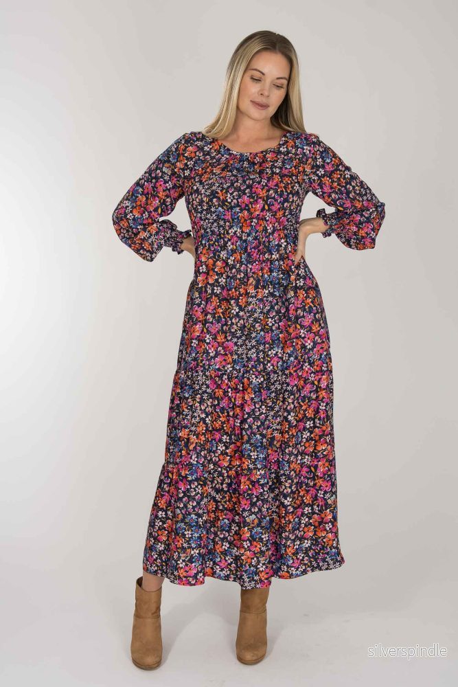 Soft viscose smock midi dress - Navy pink flower - Bild 2