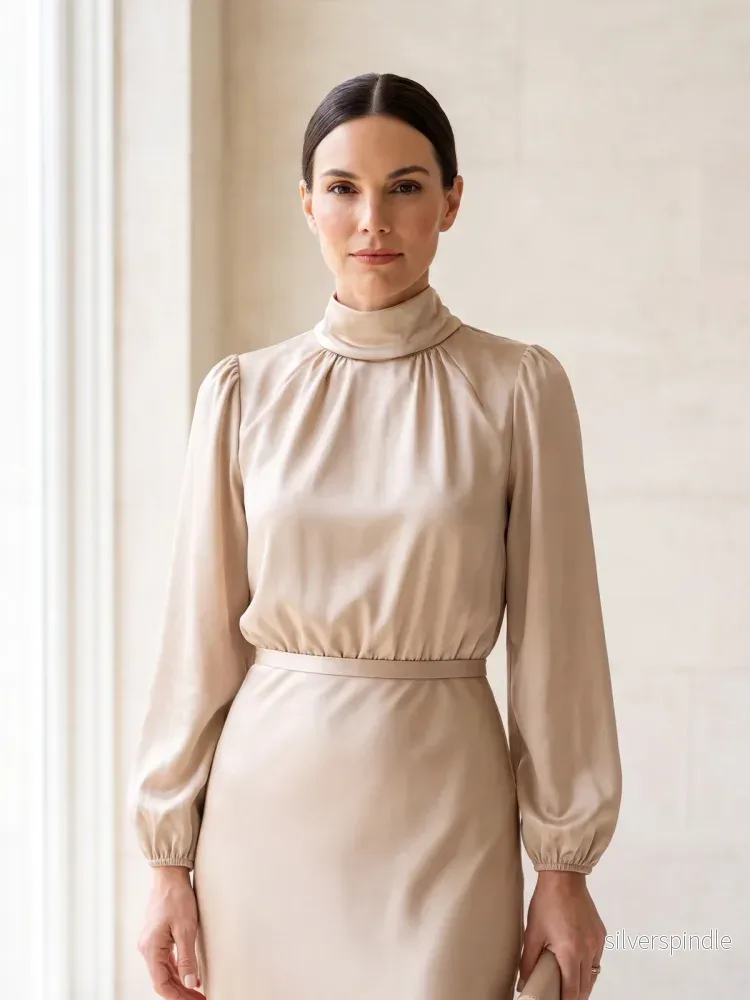 Elegant Midiklänning Dam med Hög Hals och Draperad Silhuett för Sofistikerad Look Elegant Midiklänning Dam med Hög Hals och Draperad Silhuett för Sofistikerad Look