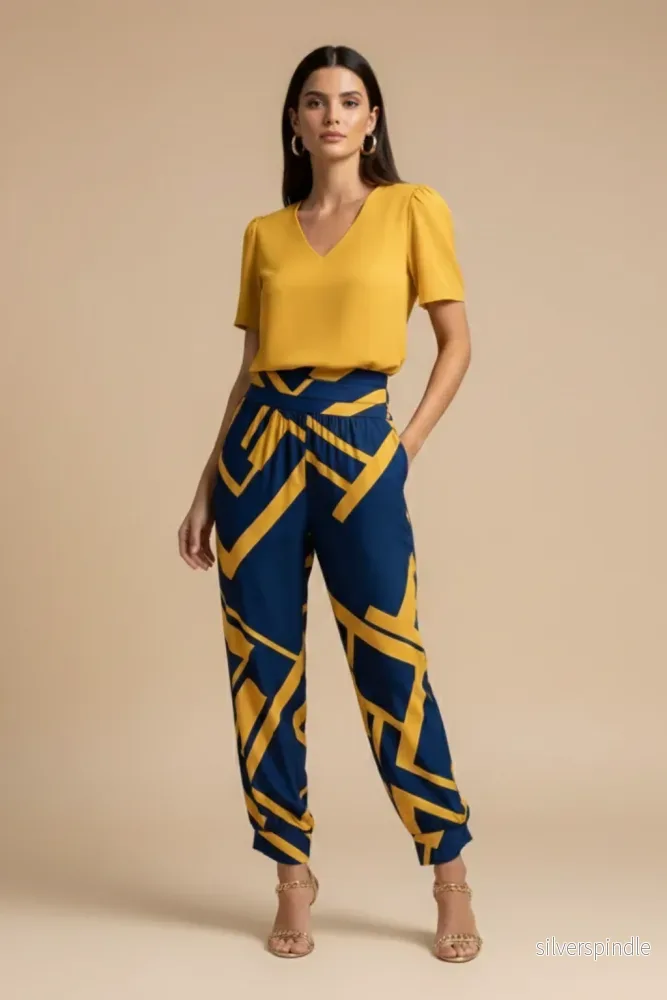 Elegant Set för Kvinnor | V-ringad Blus och Mönstrade Byxor | Avslappnad Stil för Vardagsbruk Elegant Set för Kvinnor | V-ringad Blus och Mönstrade Byxor | Avslappnad Stil för Vardagsbruk