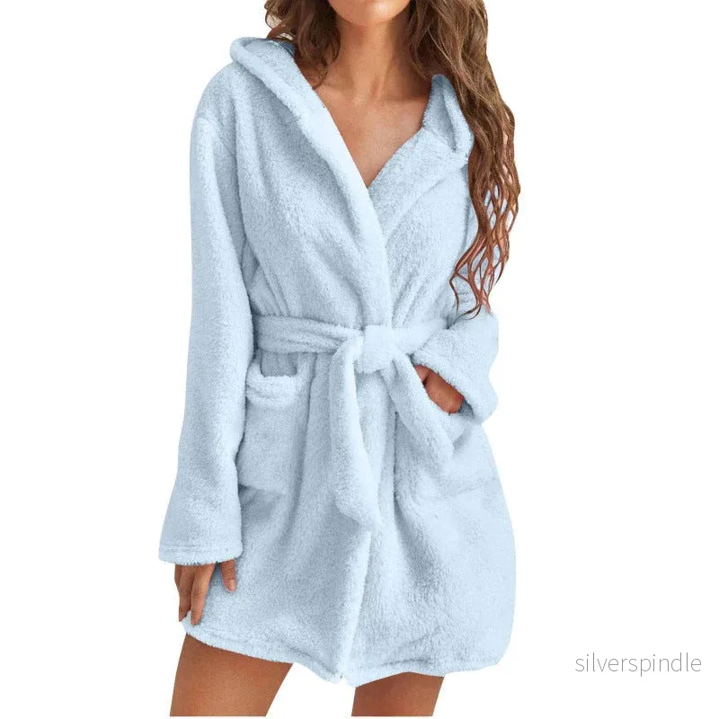 Elegant Loungewear | Kort Dammorgonrock med Huva och Justerbart Bälte | Mjuk och Bekväm för Avkoppling - Bild 3
