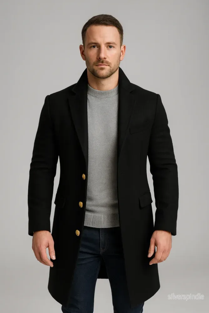 Elegant Lång Kappa för Män med Guldknappar | Stilren Design för Kalla Dagar