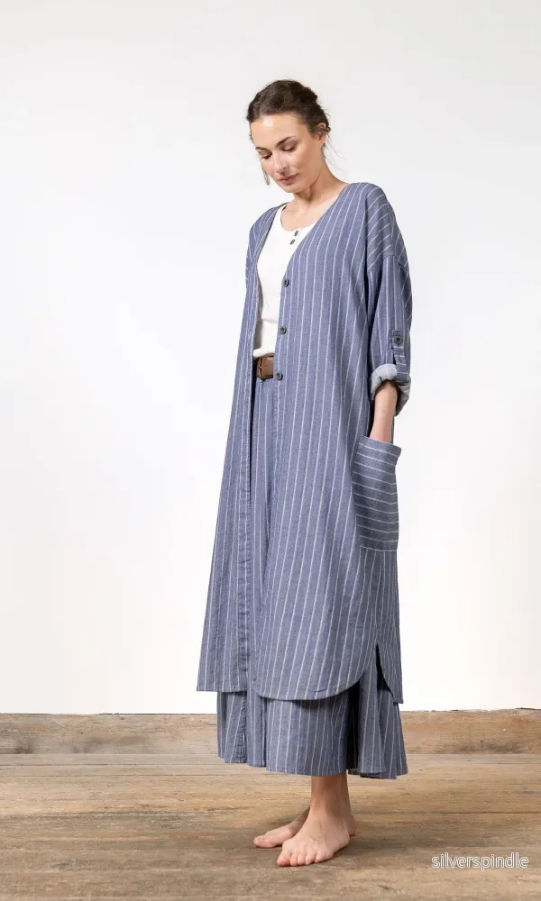 Randig kaftan i blått bomulls-/linnetyg - Bild 3