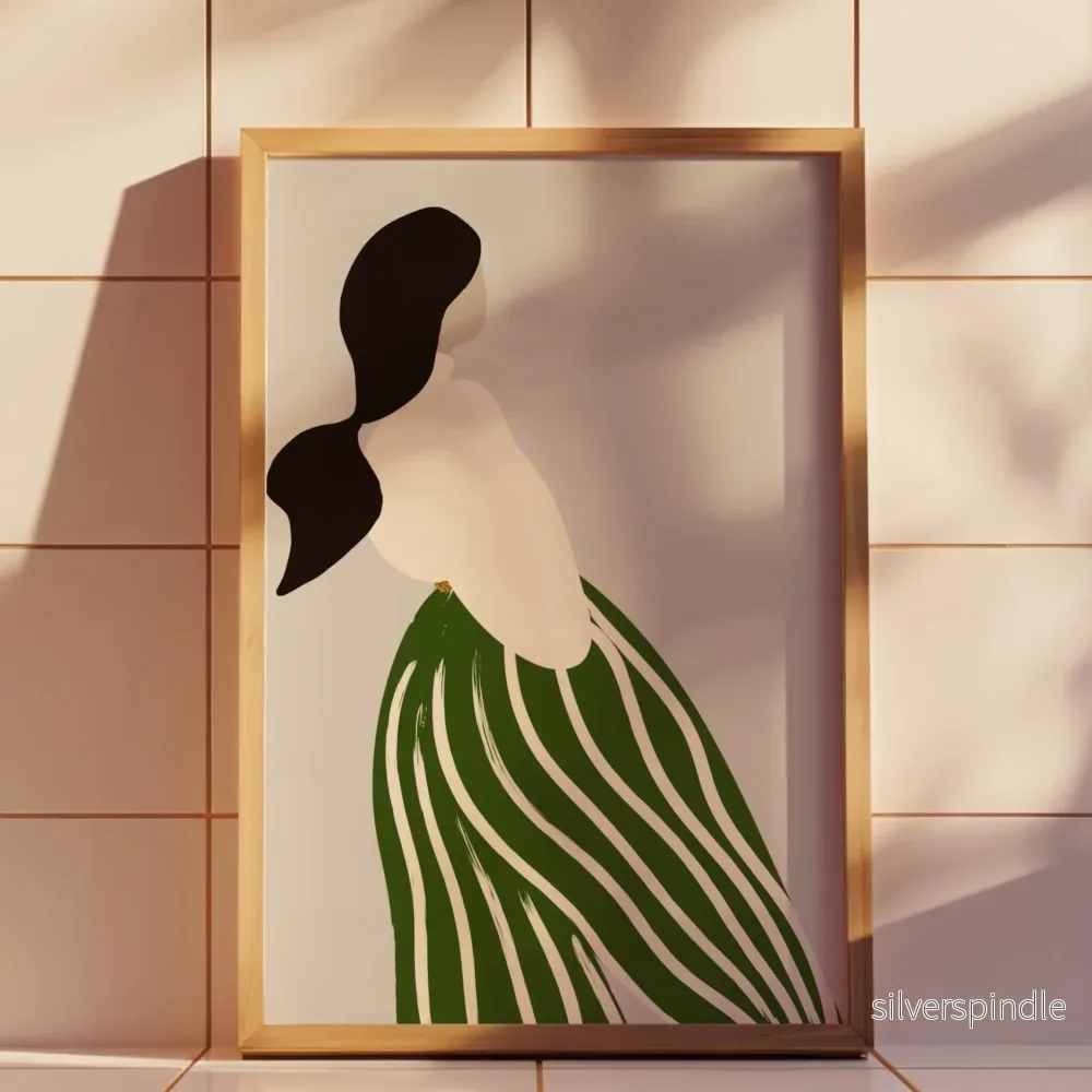 Modeposter Kvinna Gröna Randiga Byxor – Minimalistisk Illustration - Bild 3