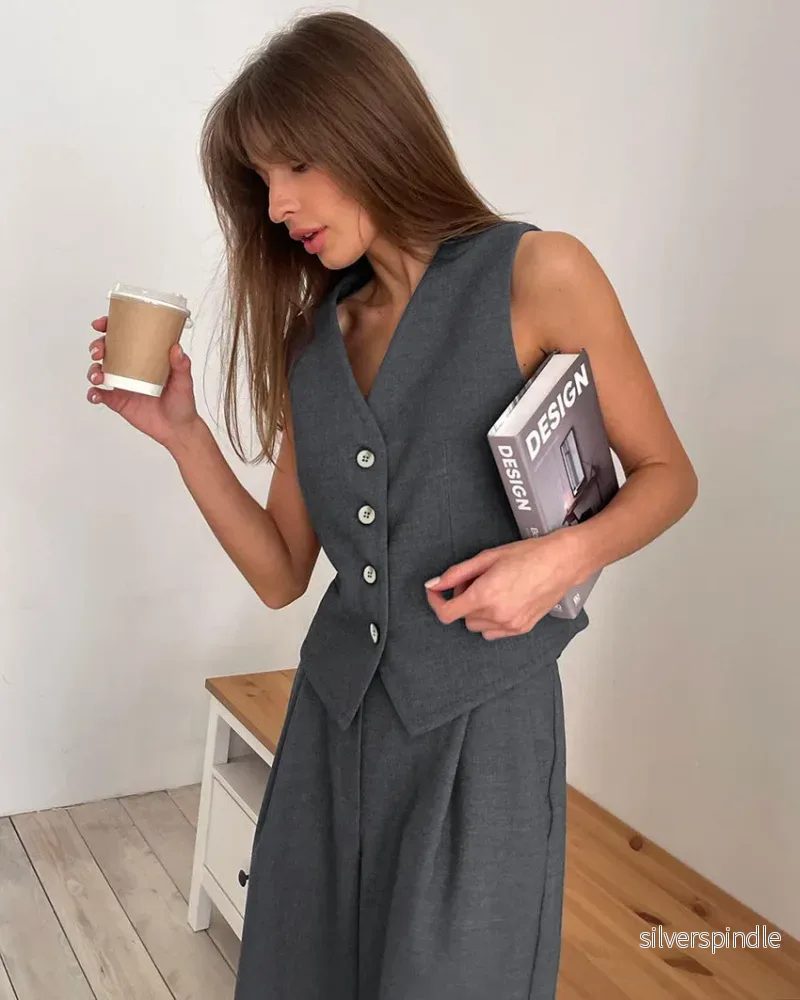 Elegant Tvådelat Set Dam med Vida Ben och Knappdetaljer | Mångsidig Outfit för Alla Tillfällen - Bild 3