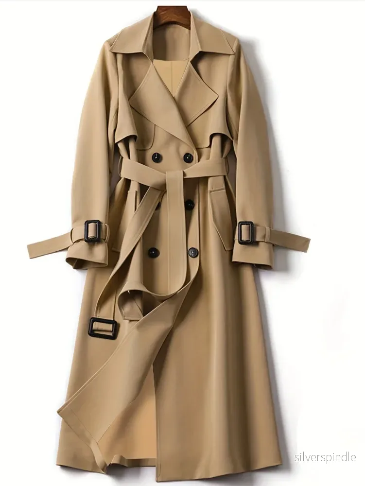 Elegant Lång Trenchcoat Dam med Dubbelknäppning | Vindskydd för Tidlös Stil