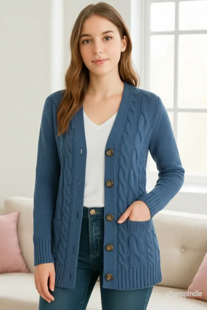 Kabelstickad Cardigan för Kvinnor med Knappdetalj | Långärmad och Avslappnad Passform för Extra Värme Kabelstickad Cardigan för Kvinnor med Knappdetalj | Långärmad och Avslappnad Passform för Extra Värme