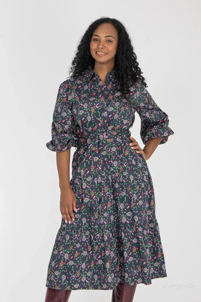 Cotton shirt midi dress – Navy flowers Cotton shirt midi dress – Navy flowers