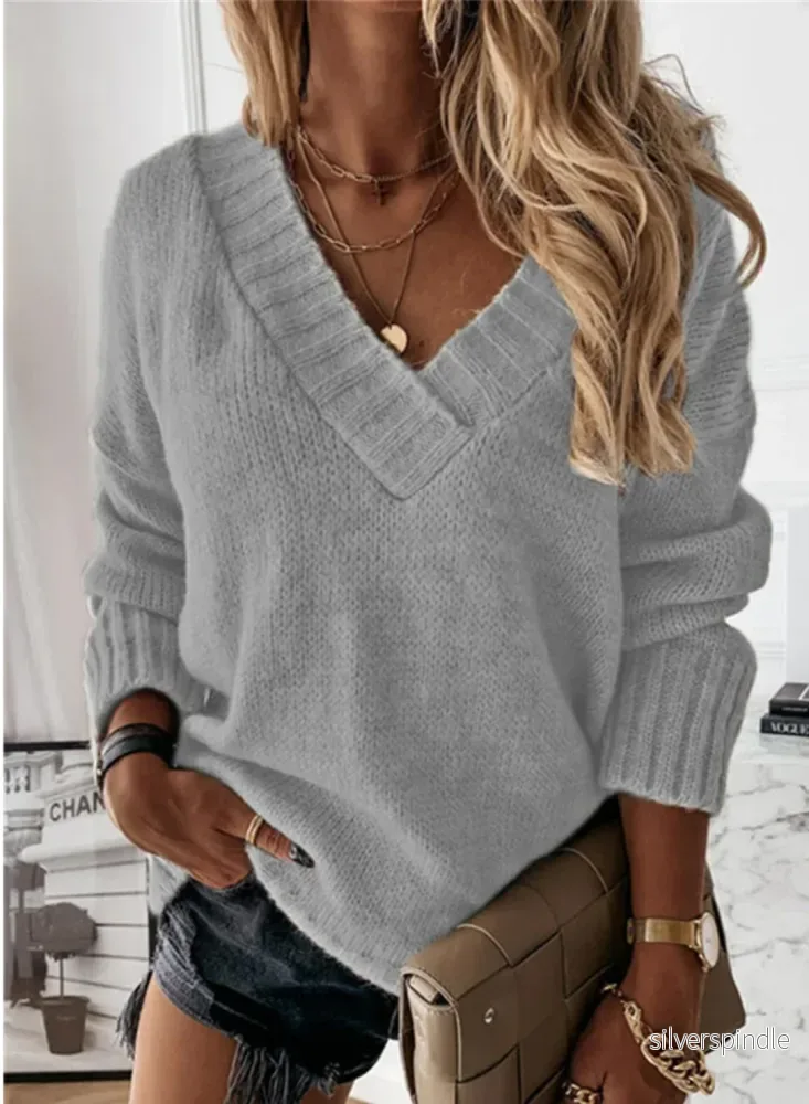 Elegant | Stickad Dam Tröja med Chunky Textur och V-ringning | Mjuk och Bekväm för Kalla Dagar