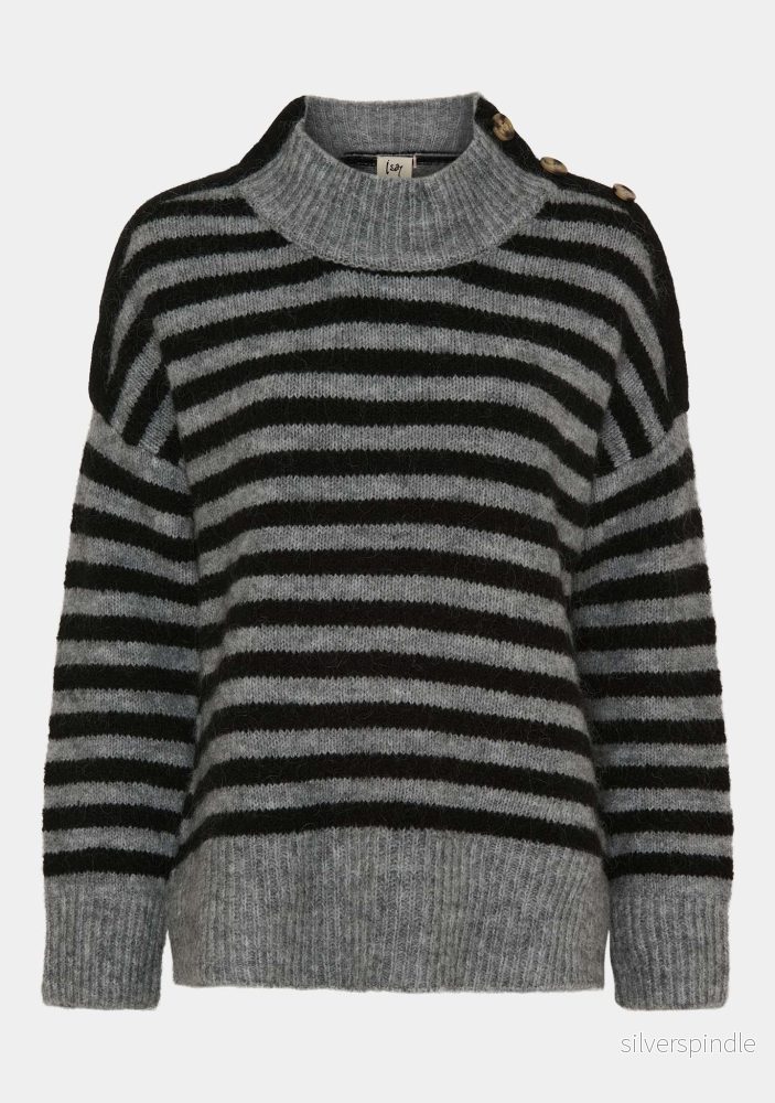 Anna Button Pullover – Grey/Black Stripe Anna Button Pullover – Grey/Black Stripe