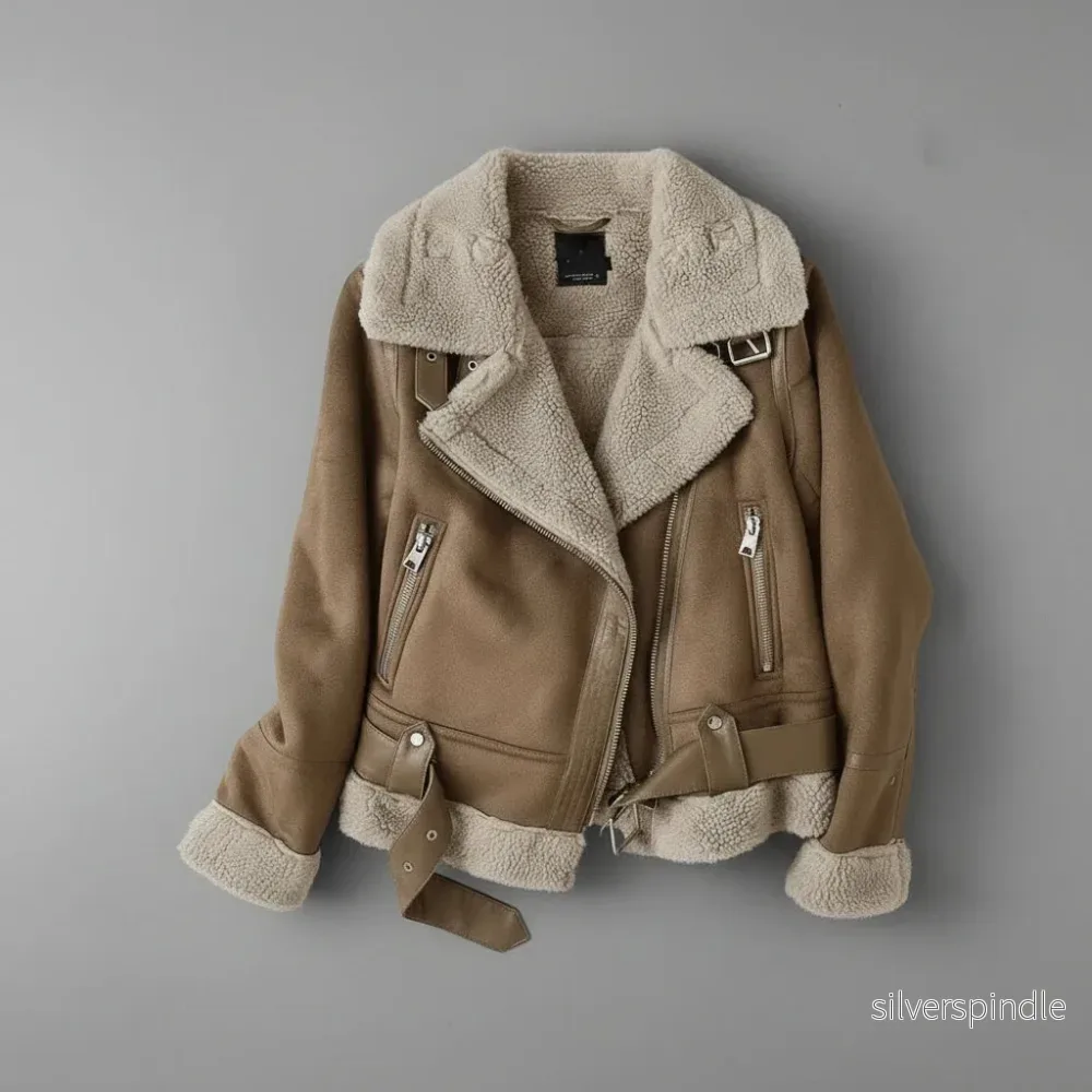 Kvinnors Bikerjacka Dam med Sherpa-foder och Bältad Fåll | Varm och Bekväm Design för Kallt Väder Kvinnors Bikerjacka Dam med Sherpa-foder och Bältad Fåll | Varm och Bekväm Design för Kallt Väder