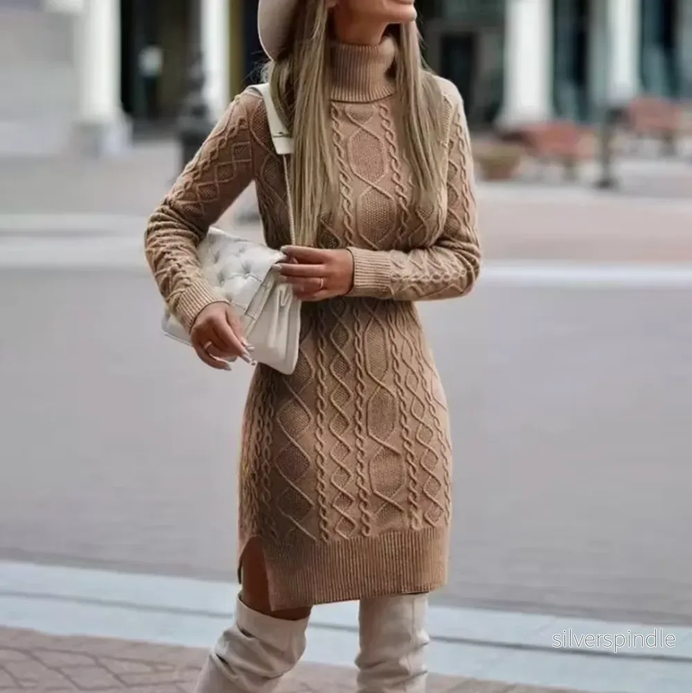 Elegant Stickad Klänning Dam med Turtleneck och Sidoslits - Bekväm Höstmode för Alla Tillfällen - Bild 2