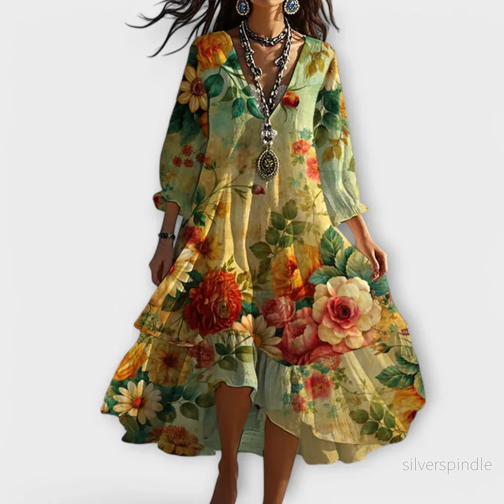 Mia | Blommig Boho Midiklänning med Trekvartsärm