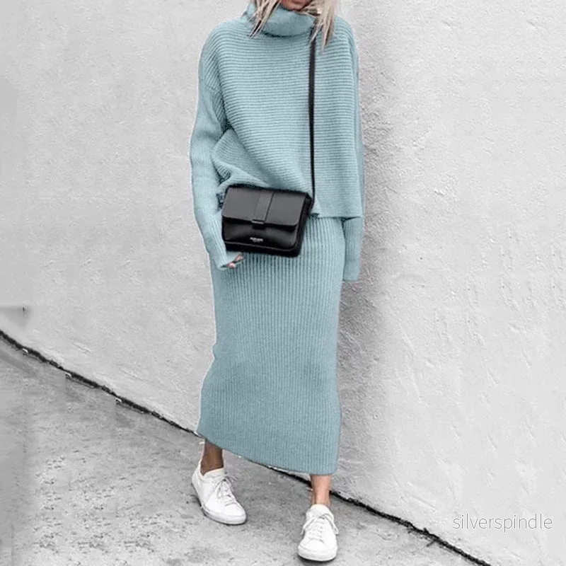 Elegant Stickat Set Dam | Turtleneck Tröja & Maxikjol med Mjuk Stickning | Stilrent Set för Komfort och Elegans - Bild 2