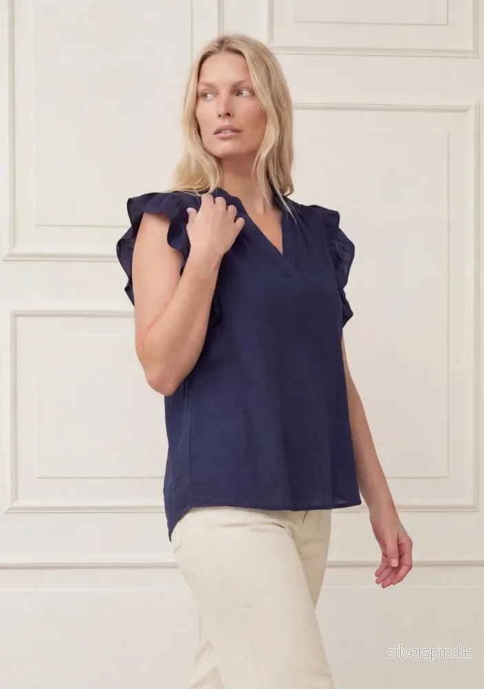 Pearl Flounce Top – Navy