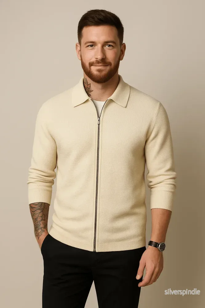 Zip Cardigan för Män med Våffelstickad Textur | Modern Passform för Komfort och Stil Zip Cardigan för Män med Våffelstickad Textur | Modern Passform för Komfort och Stil