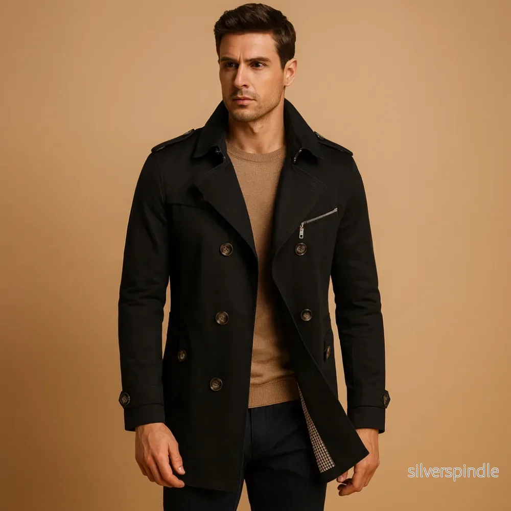 Klassisk Trenchcoat för Män | Vattentät Design med Dubbelknäppning | Elegant Skydd mot Regn