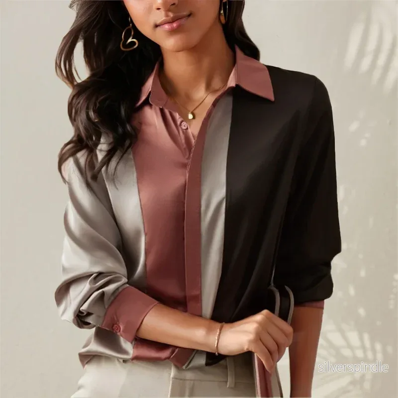 Elegant Blus Dam | Färgblock Blus med Modern Patchwork Design | Bekväm Kontorsblus för Stil och Mångsidighet - Bild 2