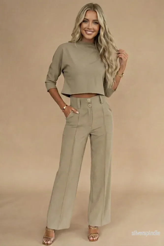 Elegant Tvådelat Set Dam | Långärmad Croptop & Högmidjade Byxor för Stilfulla Tillfällen