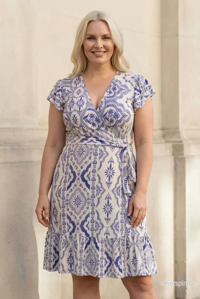 Frill wrap short jersey dress – Blue Frill wrap short jersey dress – Blue