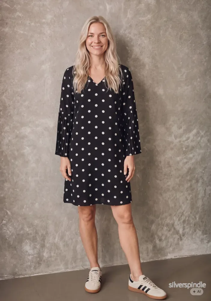Melba Pleat Dress – Black w/Dots Melba Pleat Dress – Black w/Dots
