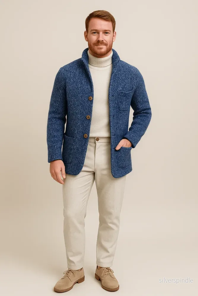 Chunky Stickad Cardigan för Män med Ståkrage | Tidlös Komfort och Stil