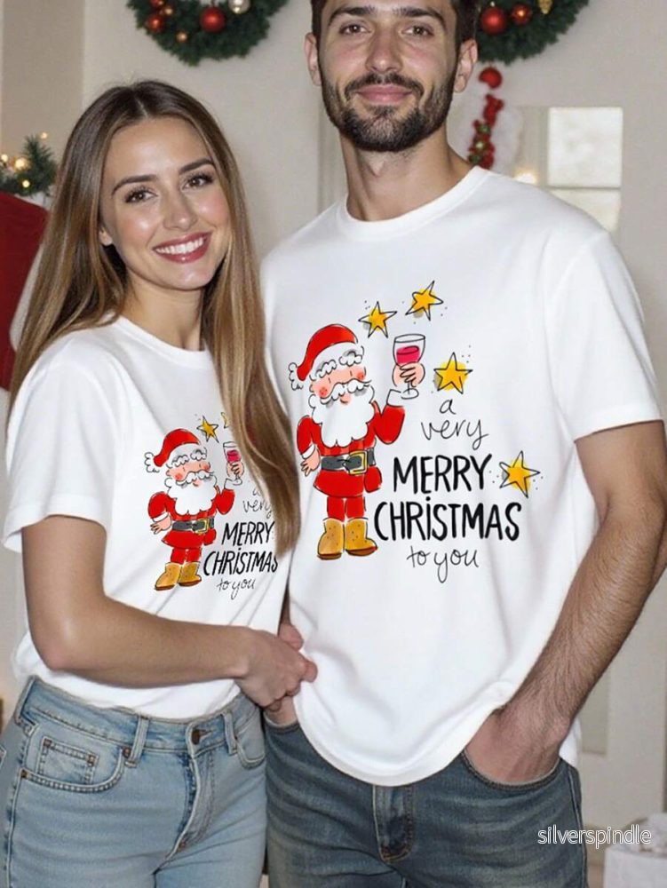Jul T-shirt Set för Par | Humoristisk Tomte Design med Mjuk Bomullsblandning | Perfekt för Festliga Tillfällen - Bild 2