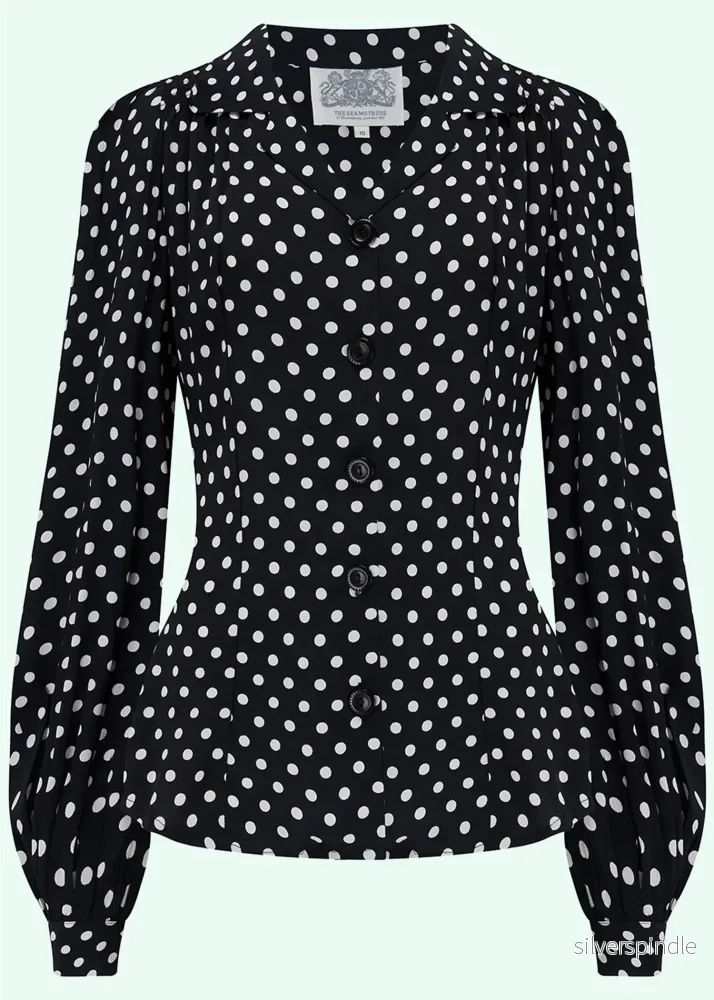 Poppy skjortblus i vintagestil – svart med prickar