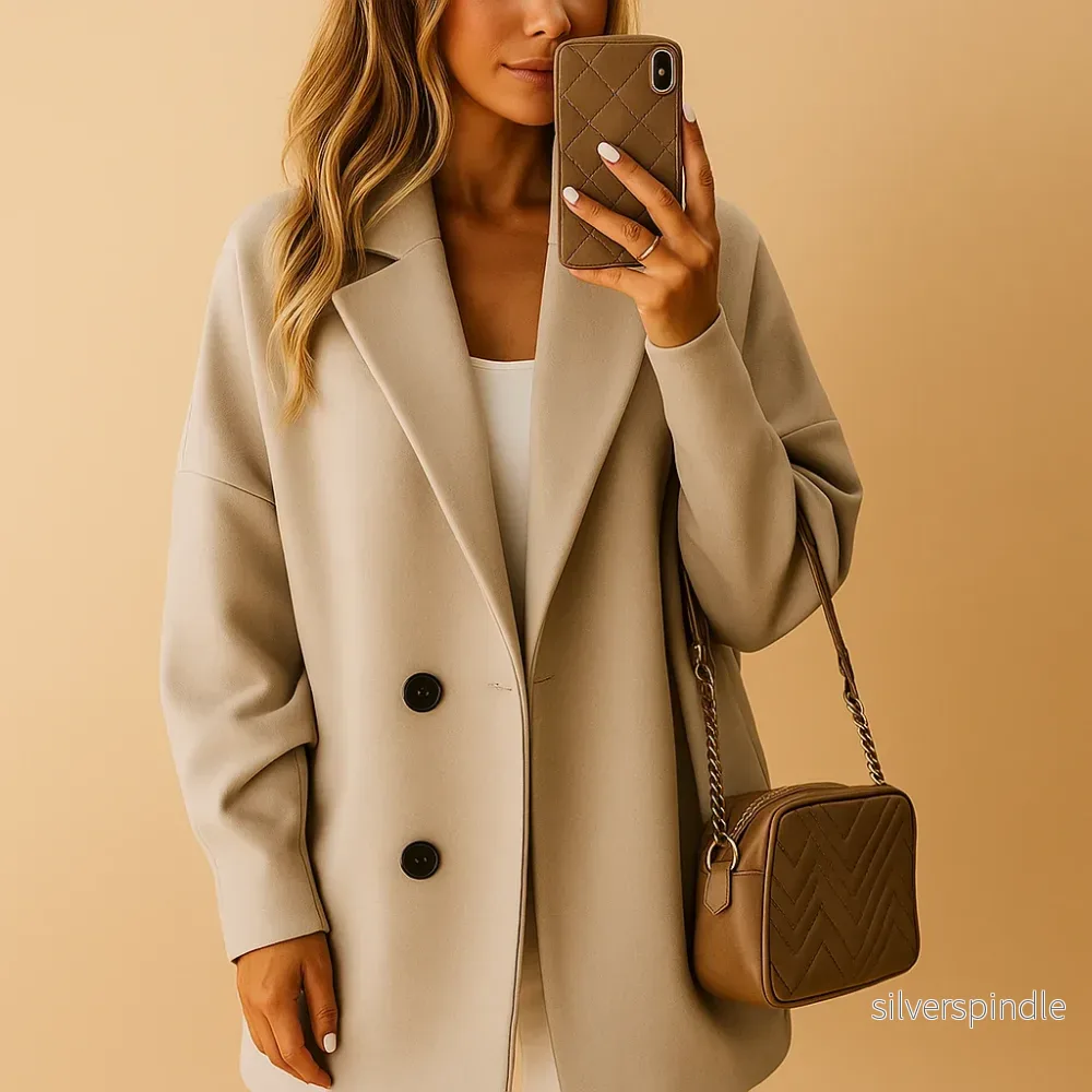 Elegant Beige Lång Kappa Dam med Knappstängning | Tidlös Design för Vinterkomfort
