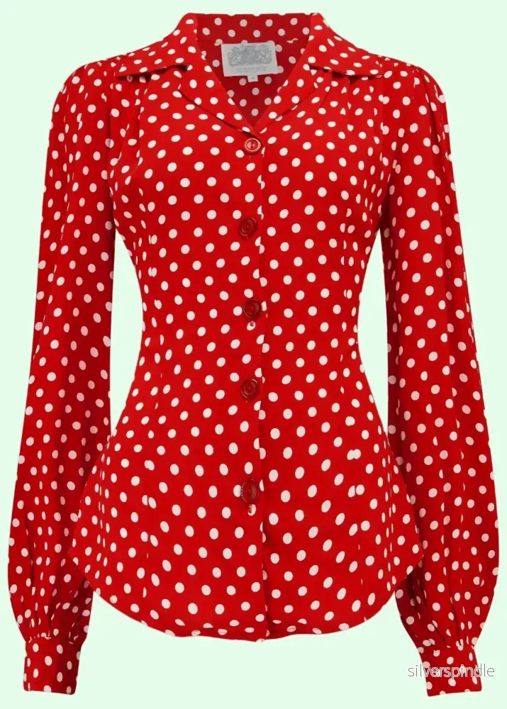 Poppy skjortablus i vintagestil - röd med prickar