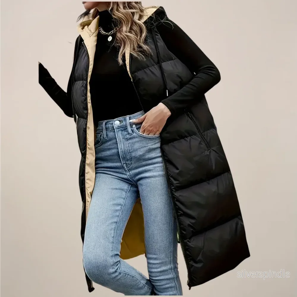 Elegant Longline Puffer Gilet för Kvinnor med Huva och Dragkedja | Isolerande Lager för Kalla Dagar - Bild 2