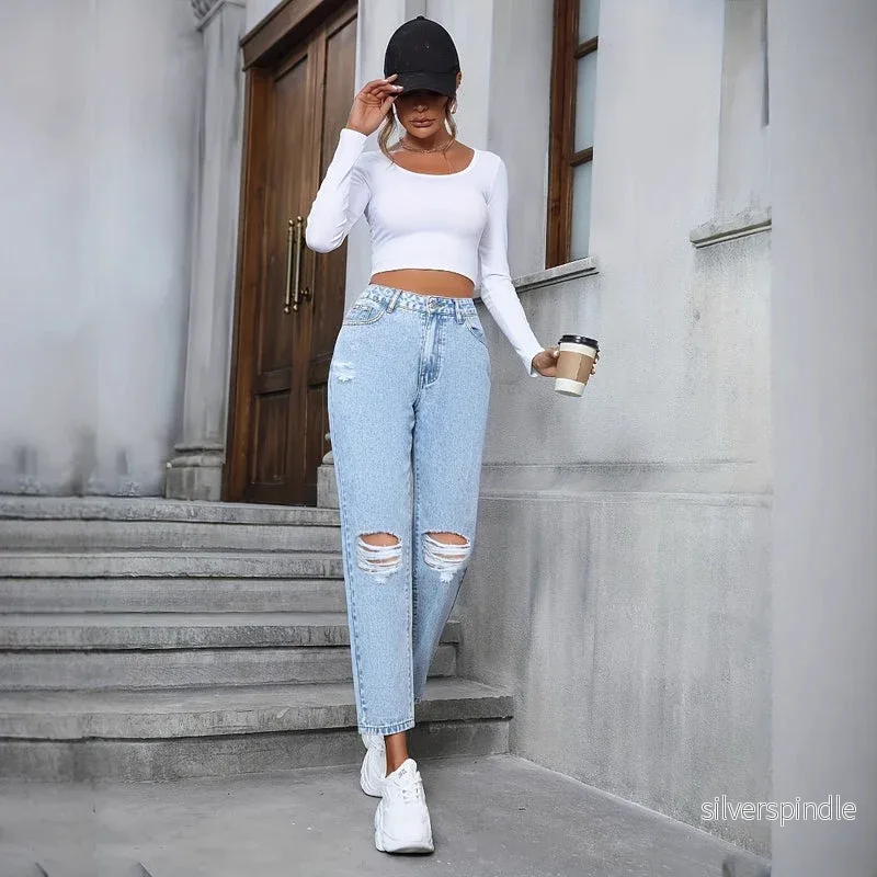 Olivia | Hög Midja Rippade Jeans med Lös Passform Olivia | Hög Midja Rippade Jeans med Lös Passform