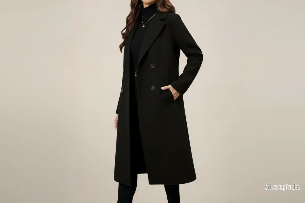Elegant Lång Kappa Dam | Svart Dubbelknäppt Trenchcoat med Skräddarsydd Passform för Höst och Vinter - Bild 2