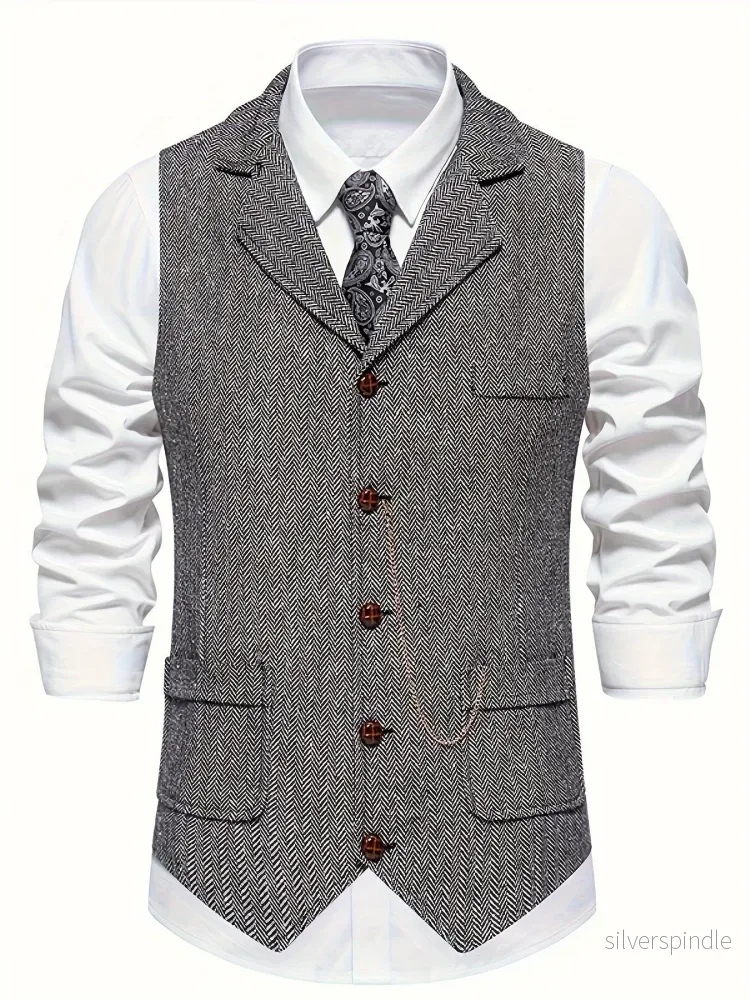 Skräddarsydd Väst Herr i Fiskbensmönster med Justerbar Ryggrem | Elegant Stil för Formella Tillfällen