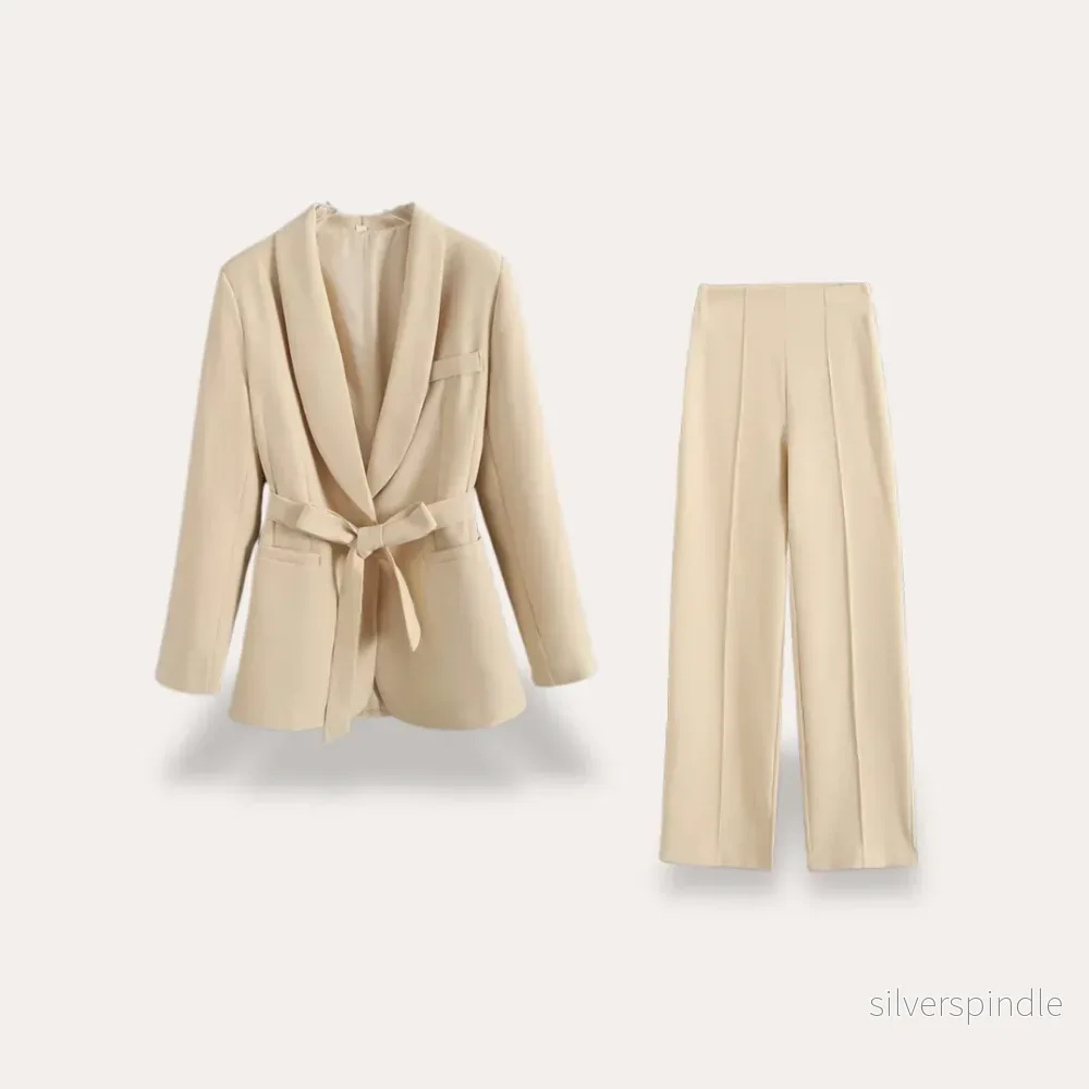 Elegant Kavaj och Vida Byxor Set för Kvinnor med Knytbälte | Perfekt för Arbete och Kvällslook