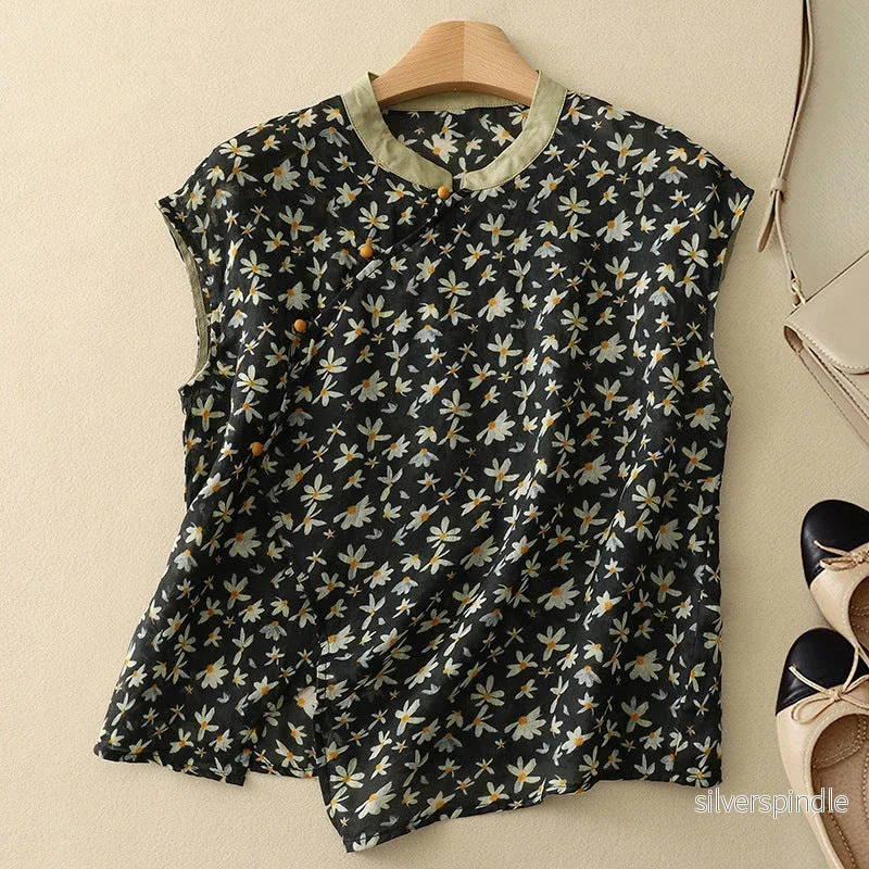 Emma | Vintage Blus med Blommönster och Mandarinfärgad Halsringning - Bild 3