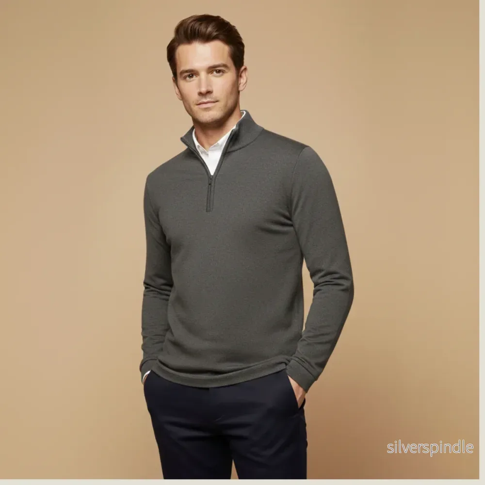 Klassisk Slim Fit | Kvart Zip-tröja för Män med Stativkrage | Elegant Design för Komfort - Bild 3