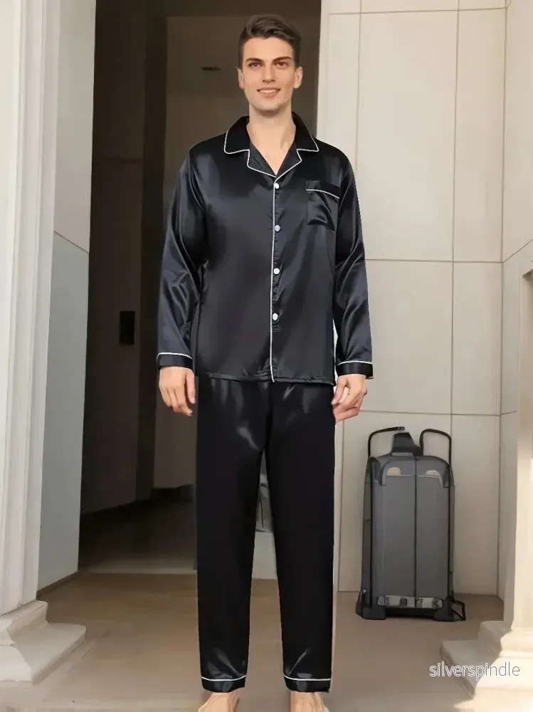 Elegant Pyjamas Set för Män i Satin med Krage | Tidlös och Bekväm Design för Avkoppling - Bild 3