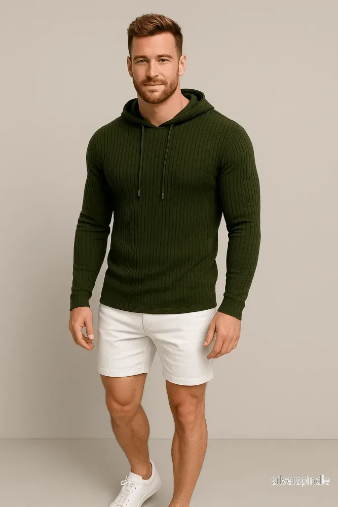 Ribbstickad Luvtröja för Herr med Justerbar Huva | Slim Fit Design för Stil och Komfort - Bild 3