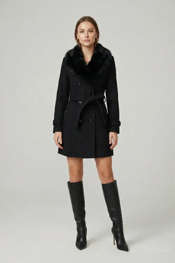 Elegant Svart Trenchcoat för Kvinnor med Fuskpäls och Midjebälte | Tidlös Design för Kalla Månader Elegant Svart Trenchcoat för Kvinnor med Fuskpäls och Midjebälte | Tidlös Design för Kalla Månader