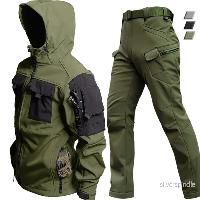 Taktiskt Set för Män | Cargojacka och Byxor med Huva för Utomhusaktiviteter | Hållbart Softshell-material för Oöverträffat Skydd Taktiskt Set för Män | Cargojacka och Byxor med Huva för Utomhusaktiviteter | Hållbart Softshell-material för Oöverträffat Skydd