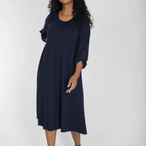 A-lined belted midi jersey dress – Navy