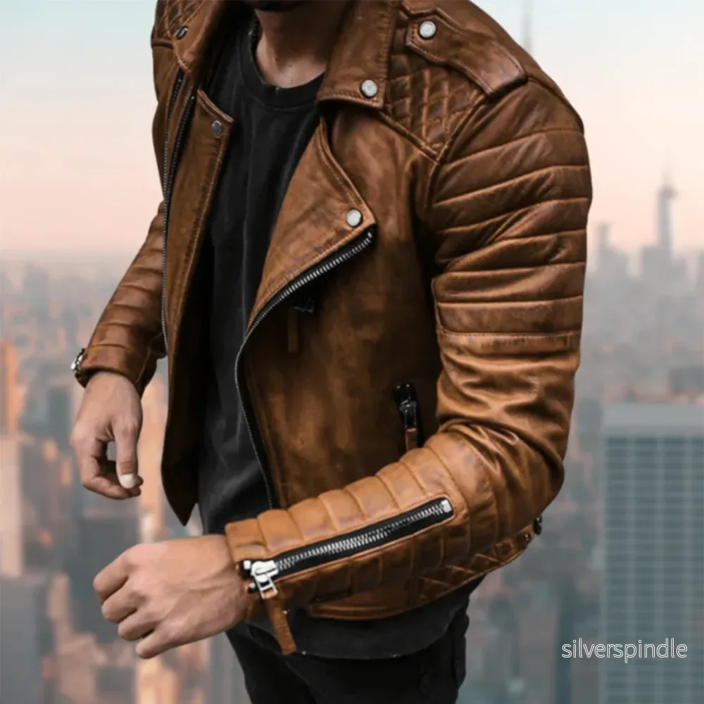Bikerjacka i Läder för Män med Asymmetrisk Dragkedja | Slitstark Design för Tidlös Urban Stil - Bild 3