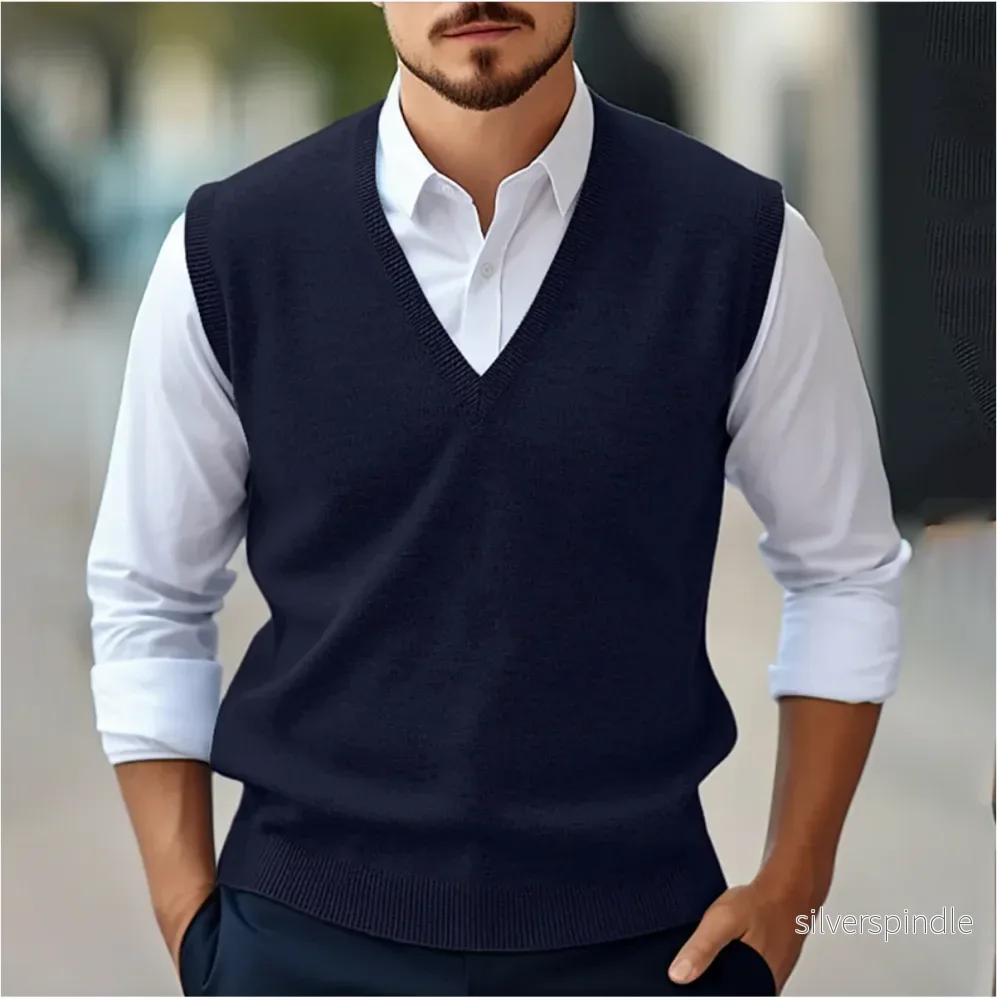 Skräddarsydd V-ringad Ärmlös Tröja för Herr med Ribbade Detaljer | Tidlös Stil för Smart Casual - Bild 3