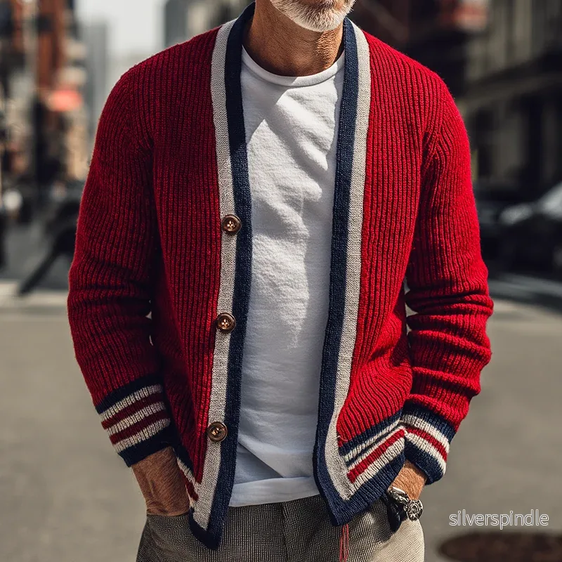 Ethan | Randig Stickad Cardigan med Knäppning