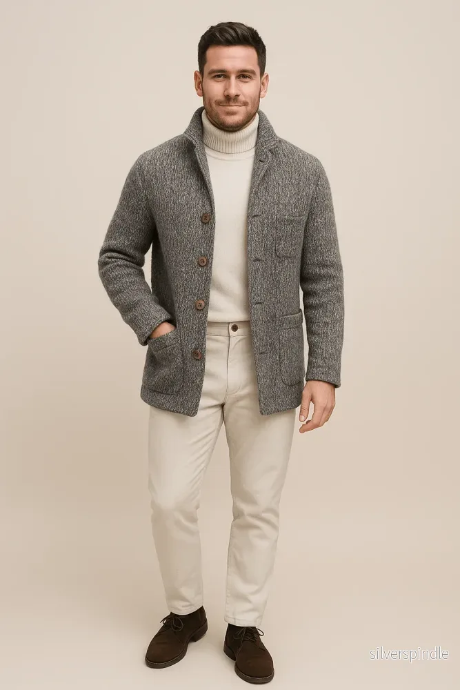 Chunky Stickad Cardigan för Män med Ståkrage | Tidlös Komfort och Stil - Bild 3