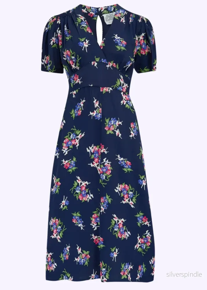 Dolores A-linjeformad klänning - marinblått 'floral dancer'-mönster