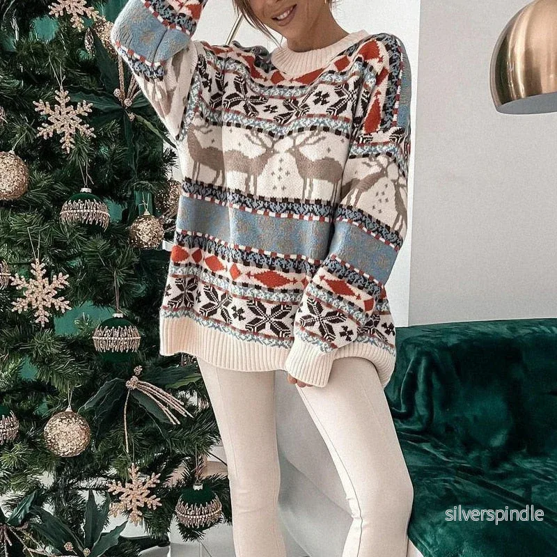 Jultröja | Oversize Stickad Tröja med Renmönster | Mysig och Varm för Festliga Tillfällen Jultröja | Oversize Stickad Tröja med Renmönster | Mysig och Varm för Festliga Tillfällen