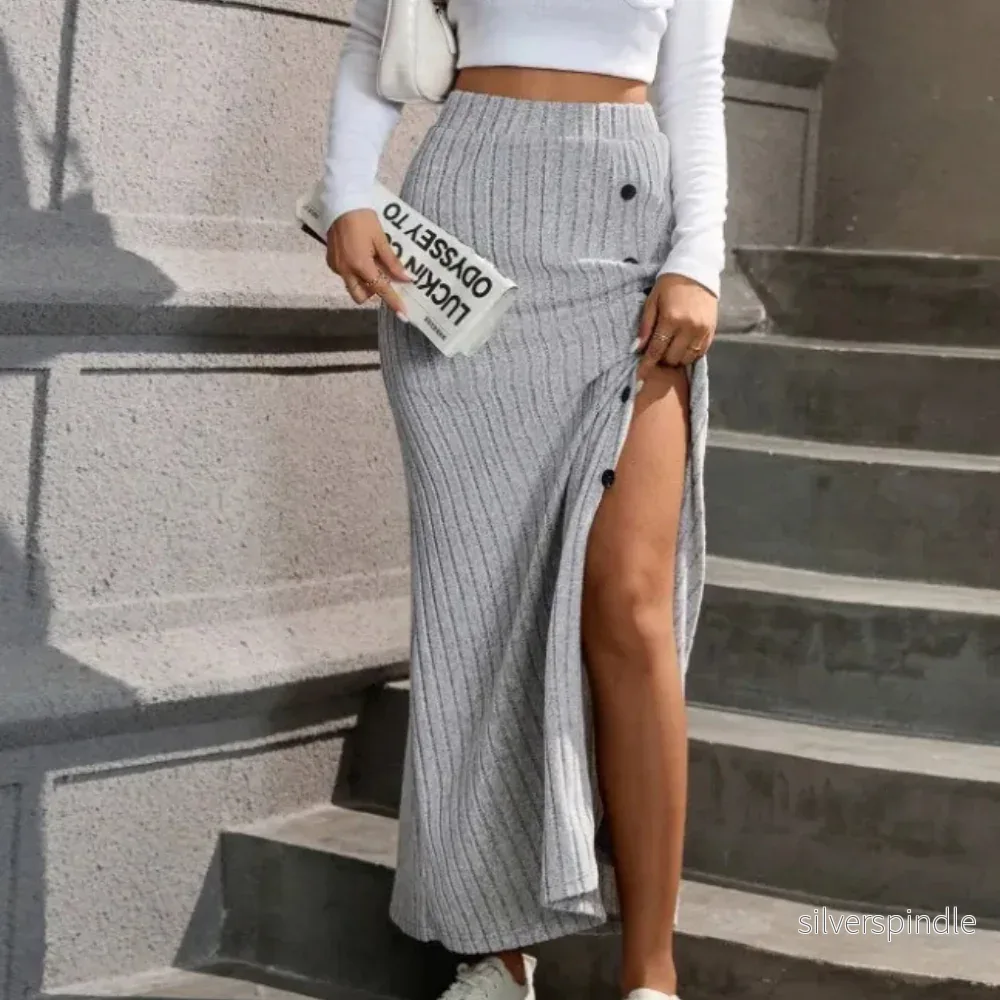 Elegant Ribbad Maxikjol | Hög Midja med Sidoslits för Bekväm Stil - Bild 2