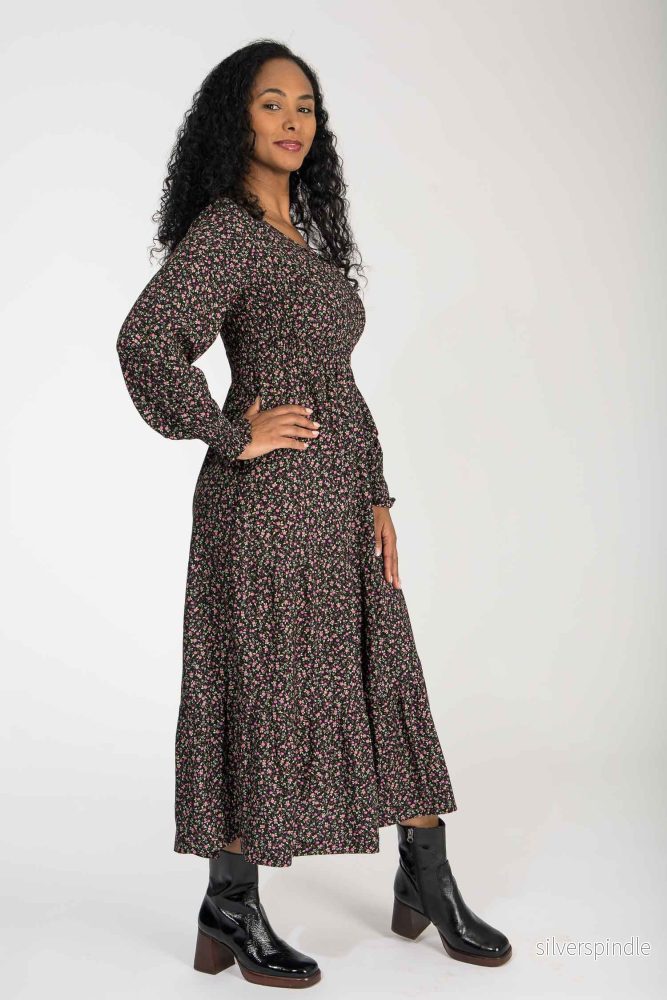 Soft viscose smock midi dress - Black-Pink flower - Bild 2