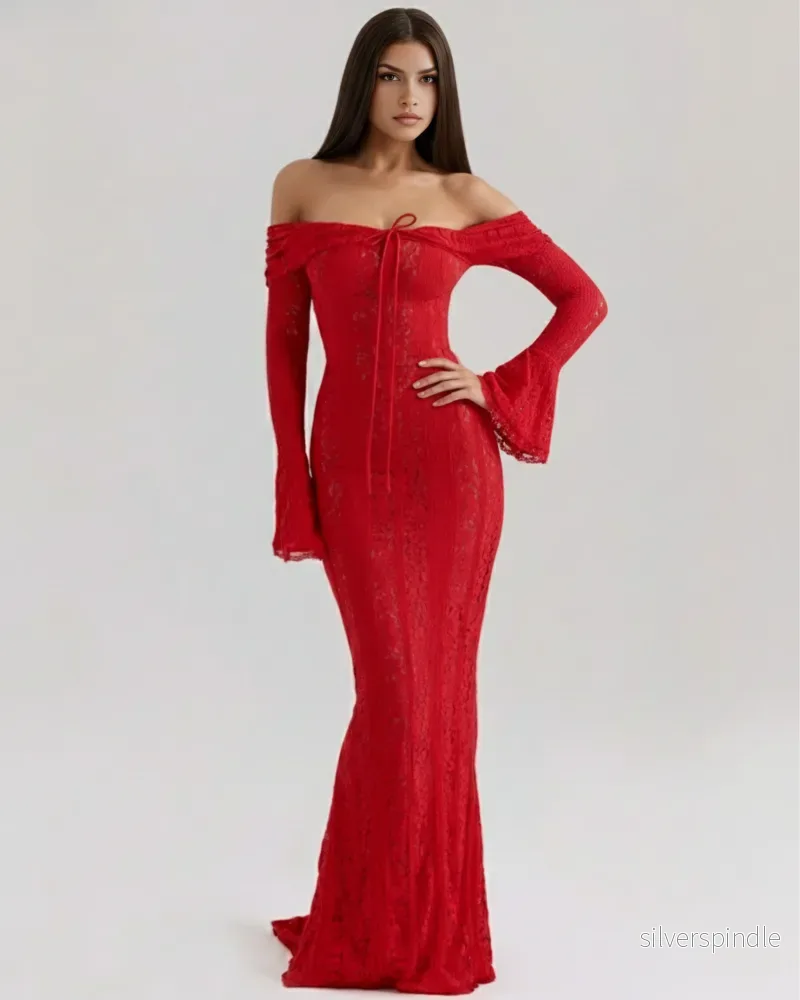 Ella | Elegant Off-Shoulder Maxiklänning Dam med Blommiga Spetsar